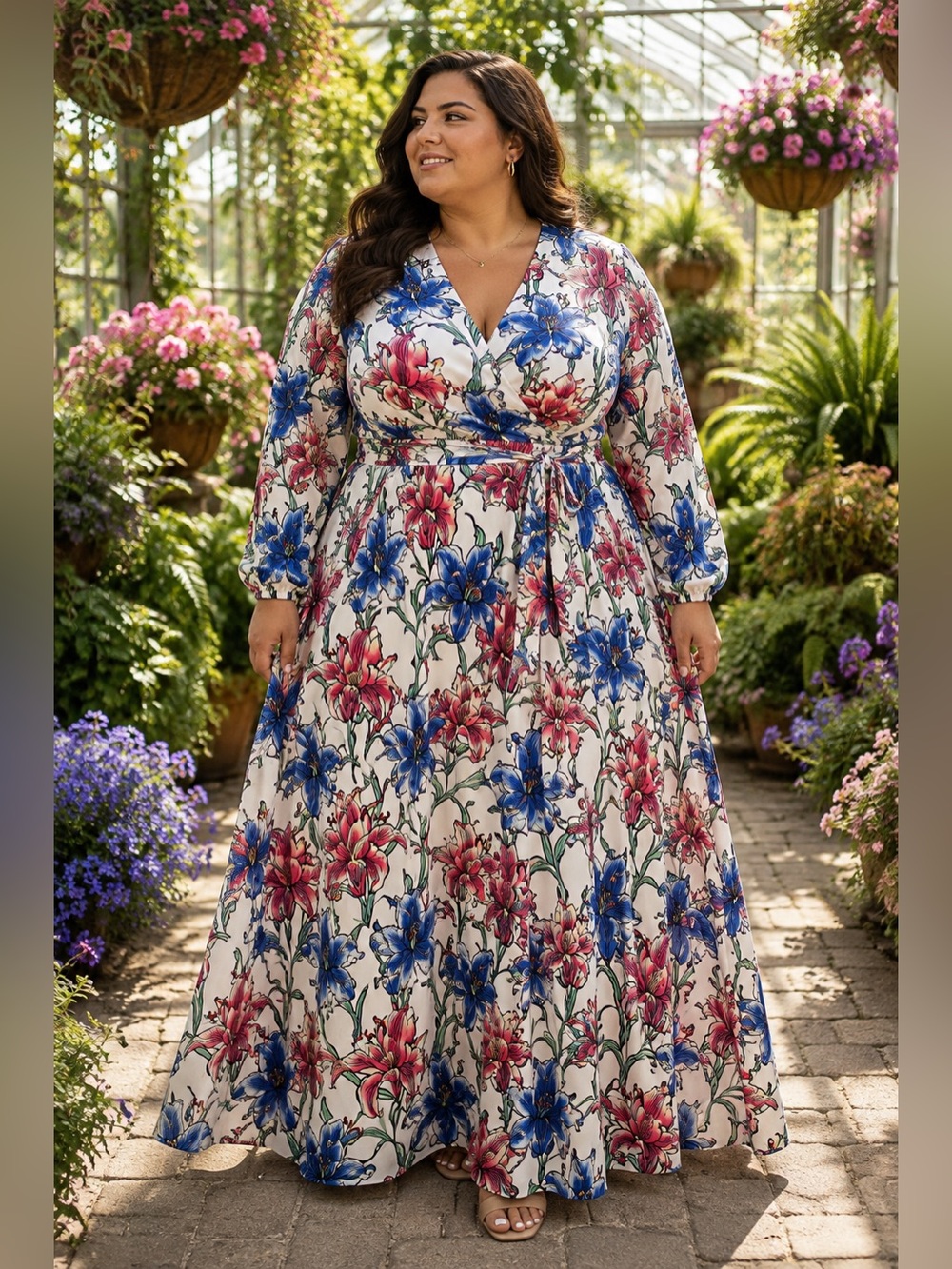 Meghan Los Angeles Fabulous Floral Wrap Maxi Dress Multicolor Long Sleeve XXL